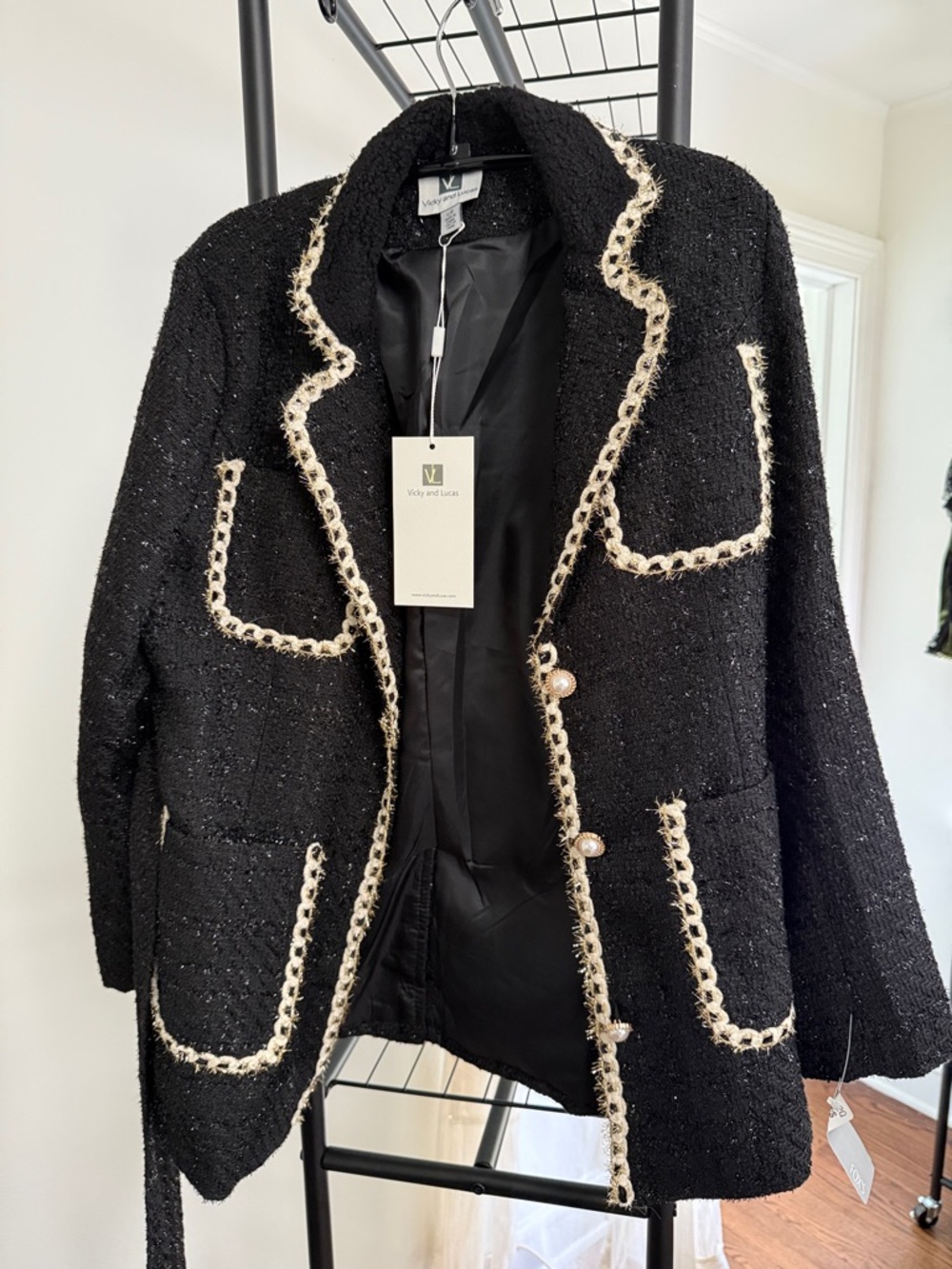 Black Tweed Pearl-Button Jacket with Cream Trim